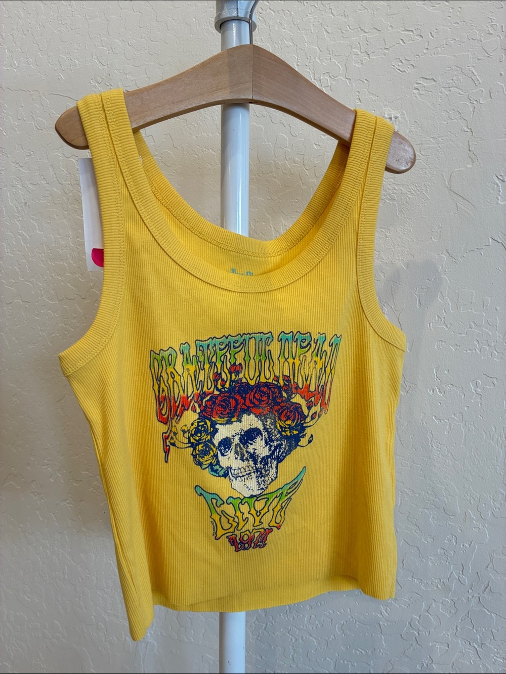 Urban Outfitters Yellow Ribbed Graphic Tank with Skull & Roses